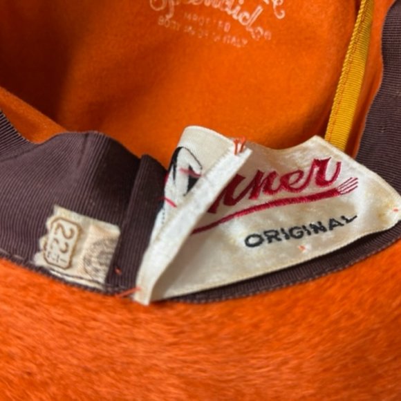 VTG Handmade Fur/Felt Apricot Orange Hat w/Grosgrain Ribbon Tied Thru Loops